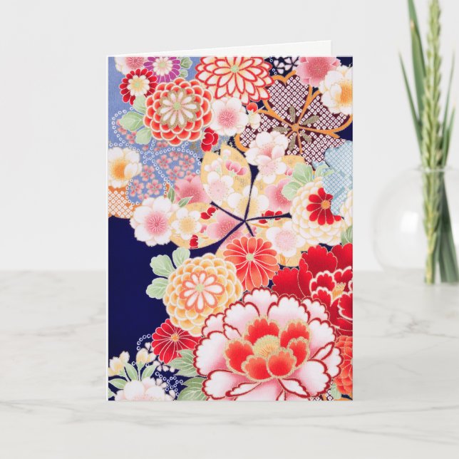 PINK RED WHITE FLOWERS Peony,Roses Japanese Floral Holiday Card (Front)