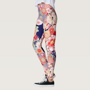 Pink Red White Flowers Peony Roses Japanese Floral Leggings by bulgan_lumini at Zazzle