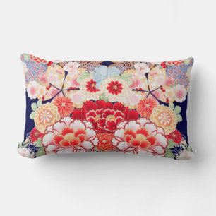 PINK RED WHITE FLOWERS Peony,Roses Japanese Floral Lumbar Pillow
