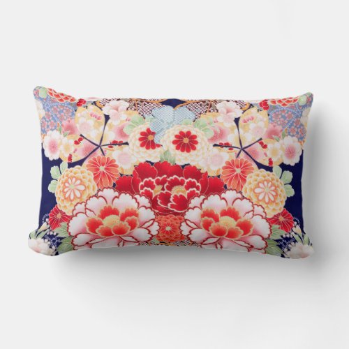 PINK RED WHITE FLOWERS PeonyRoses Japanese Floral Lumbar Pillow