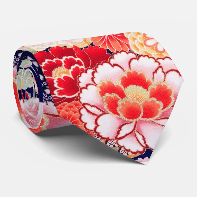 PINK RED WHITE FLOWERS Peony,Roses Japanese Floral Neck Tie (Rolled)