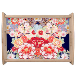 PINK RED WHITE FLOWERS Peony,Roses Japanese Floral Serving Tray