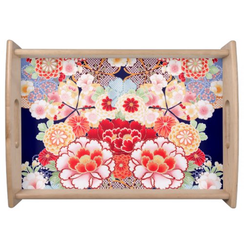 PINK RED WHITE FLOWERS PeonyRoses Japanese Floral Serving Tray