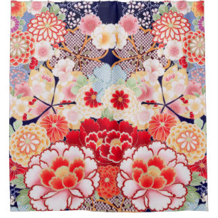 PINK RED WHITE FLOWERS Peony,Roses Japanese Floral Shower Curtain