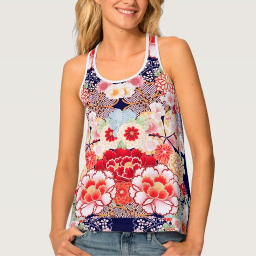 PINK RED WHITE FLOWERS PeonyRoses Japanese Floral Tank Top