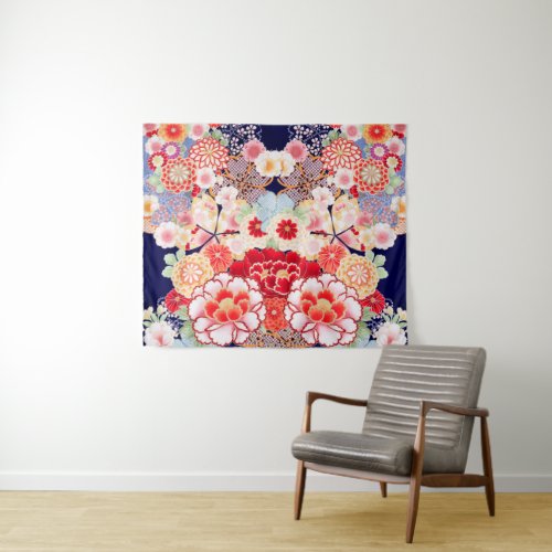 PINK RED WHITE FLOWERS PeonyRoses Japanese Floral Tapestry
