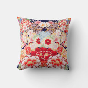 PINK RED WHITE FLOWERS Peony,Roses Japanese Floral Throw Pillow