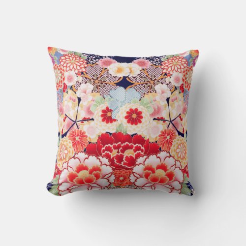 PINK RED WHITE FLOWERS PeonyRoses Japanese Floral Throw Pillow