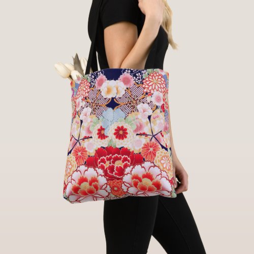 PINK RED WHITE FLOWERS PeonyRoses Japanese Floral Tote Bag