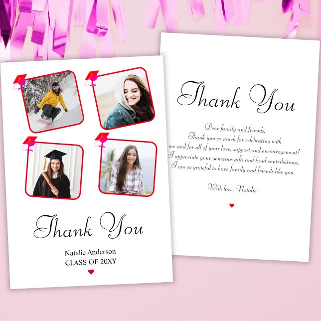 Pink Red White Girl Simple Modern Photo Graduation Thank You Card (Creator Uploaded)