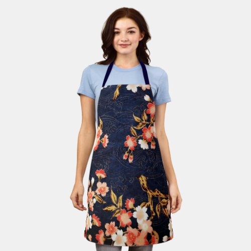 PINK RED WHITE SPRING FLOWERS DEEP BLUE FLORAL  AP APRON