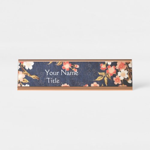 PINK RED WHITE SPRING FLOWERS  DEEP BLUE FLORAL DESK NAME PLATE