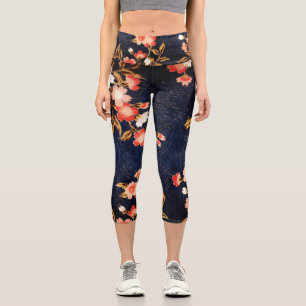 PINK RED WHITE SPRING FLOWERS DEEP BLUE FLORAL LEG CAPRI LEGGINGS
