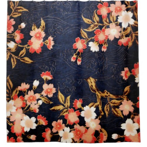 PINK RED WHITE SPRING FLOWERS DEEP BLUE FLORAL SHOWER CURTAIN