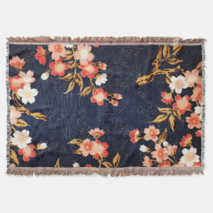 PINK RED WHITE SPRING FLOWERS , DEEP BLUE FLORAL THROW BLANKET