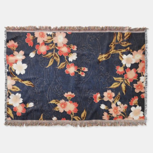 PINK RED WHITE SPRING FLOWERS  DEEP BLUE FLORAL THROW BLANKET