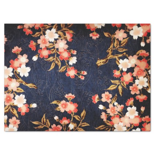 PINK RED WHITE SPRING FLOWERS DEEP BLUE FLORAL TISSUE PAPER
