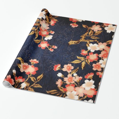 PINK RED WHITE SPRING FLOWERS  DEEP BLUE FLORAL WRAPPING PAPER