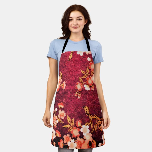 PINK RED WHITE SPRING FLOWERS JAPANESE FLORAL  APRON (Worn)