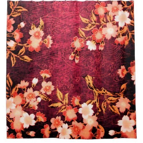 PINK RED WHITE SPRING FLOWERS JAPANESE FLORAL SHOWER CURTAIN