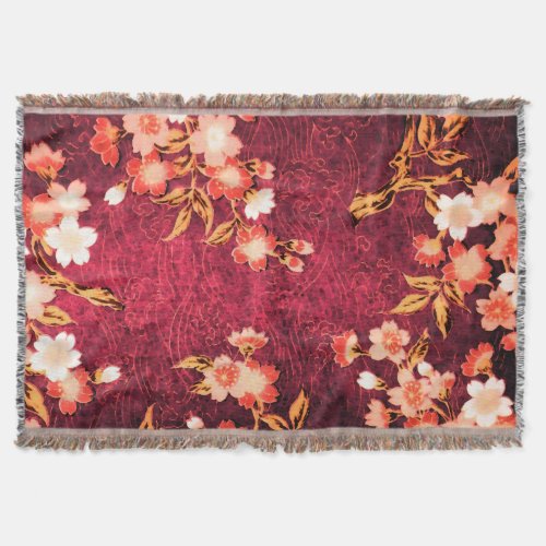 PINK RED WHITE SPRING FLOWERS JAPANESE  FLORAL THROW BLANKET