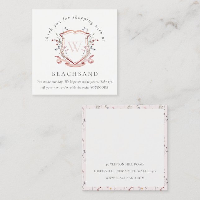 Pink Red Wildflower Crest Thank You For Business Square Business Card (Front/Back)