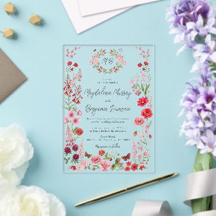 Pink & Red Wildflowers Meadow Whimsical Wedding Acrylic Invitations