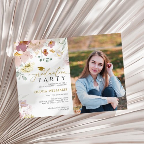 Pink  Red Wildflowers Photo Graduation Party Invitation