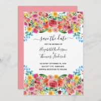 Pink Red Yellow Floral Elegant Watercolor Wedding  Save The Date
