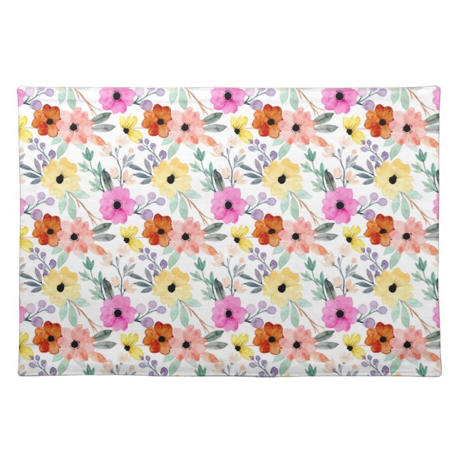 Pink, Red, Yellow Floral Flowers Watercolor  Cloth Placemat (Front)