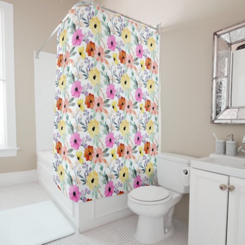 Pink Red Yellow Floral Flowers Watercolor  Shower Curtain