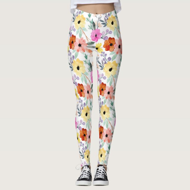 Pink, Red, Yellow Floral Flowers Women's   Leggings (Front)