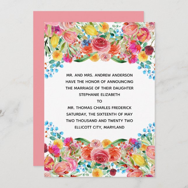 Pink Red Yellow Floral Formal Wedding Announcement (Front/Back)