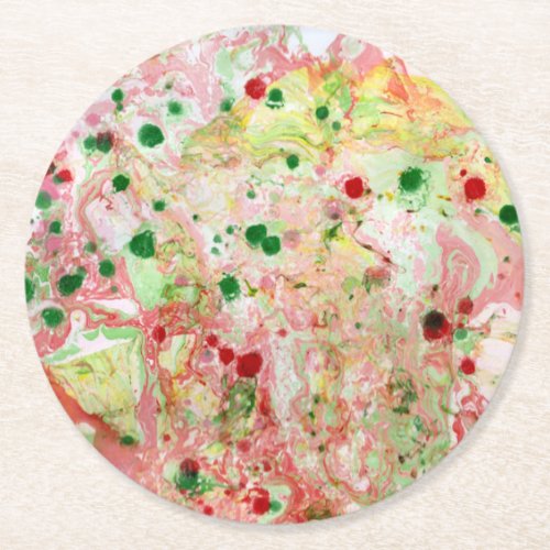 Pink Red Yellow Green Marble Look Trendy Modern Round Paper Coaster