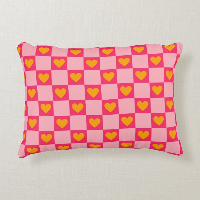 Pink Red Yellow Heart Love Checkered Y2K Pattern Accent Pillow (Front)