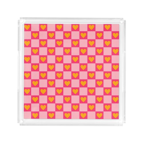 Pink Red Yellow Heart Love Checkered Y2K Pattern Acrylic Tray