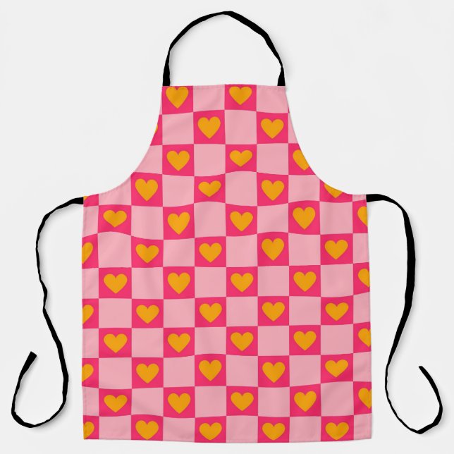 Pink Red Yellow Heart Love Checkered Y2K Pattern Apron (Front)