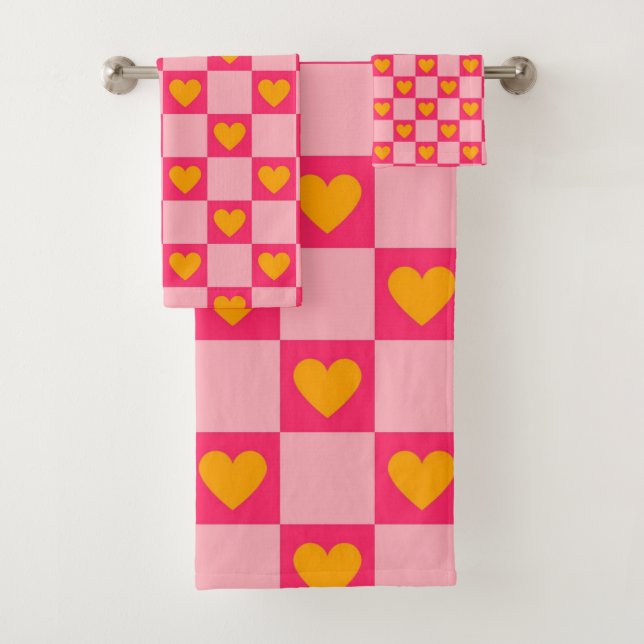 Pink Red Yellow Heart Love Checkered Y2K Pattern Bath Towel Set (Insitu)