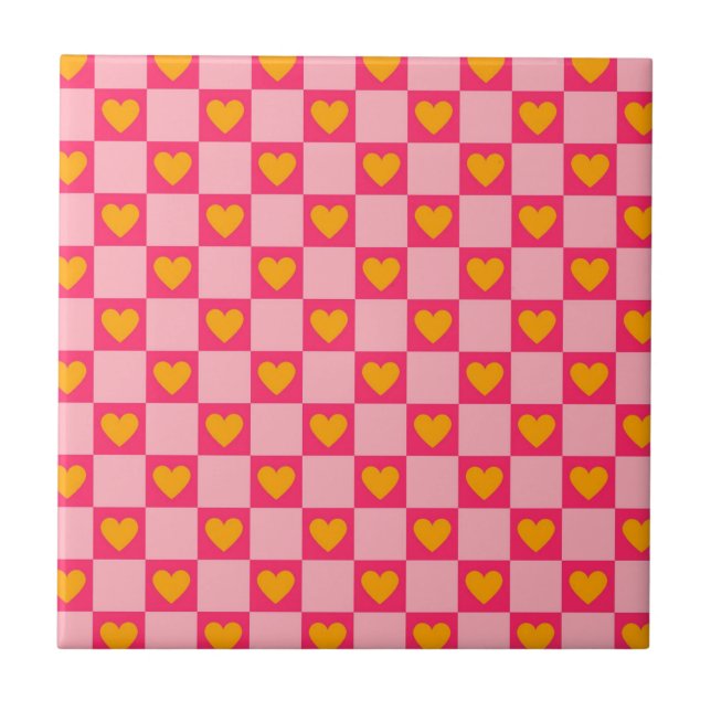 Pink Red Yellow Heart Love Checkered Y2K Pattern Ceramic Tile (Front)