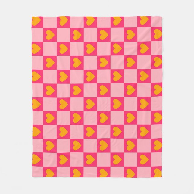 Pink Red Yellow Heart Love Checkered Y2K Pattern Fleece Blanket (Front)