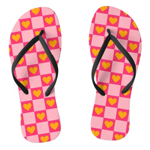 Pink Red Yellow Heart Love Checkered Y2K Pattern Flip Flops