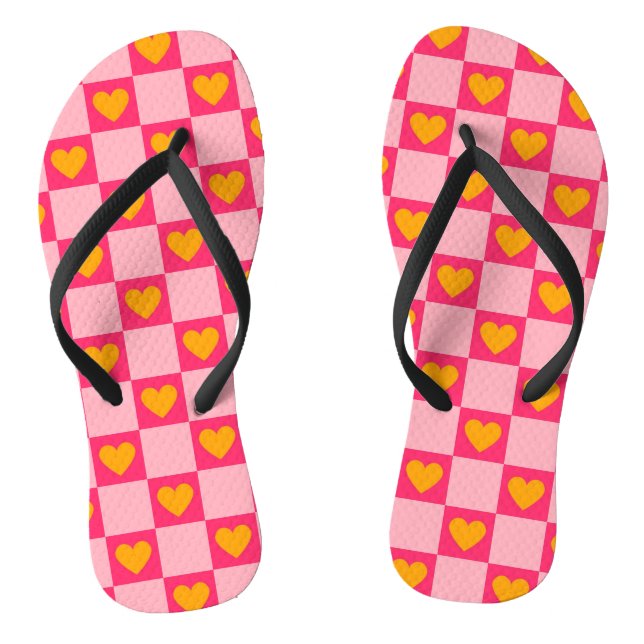 Pink Red Yellow Heart Love Checkered Y2K Pattern Flip Flops (Footbed)