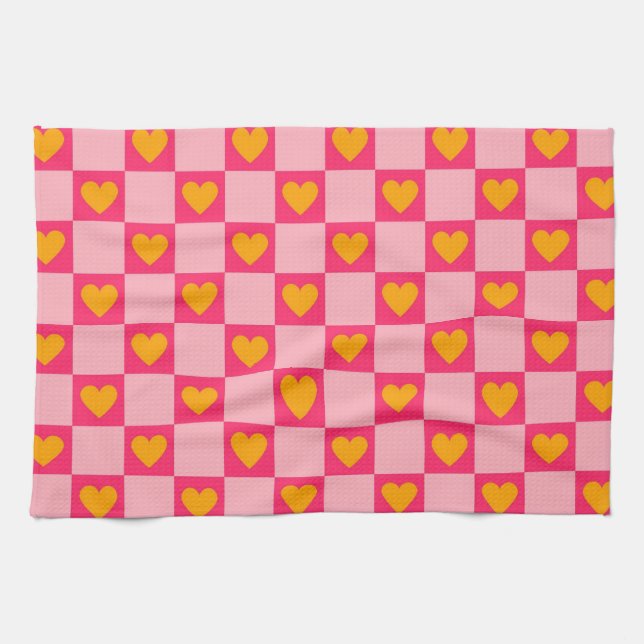 Pink Red Yellow Heart Love Checkered Y2K Pattern Kitchen Towel (Horizontal)