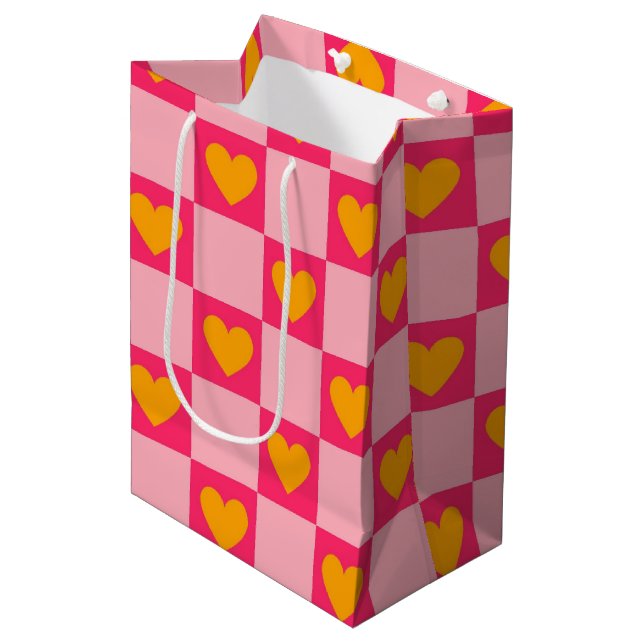 Pink Red Yellow Heart Love Checkered Y2K Pattern Medium Gift Bag (Front Angled)
