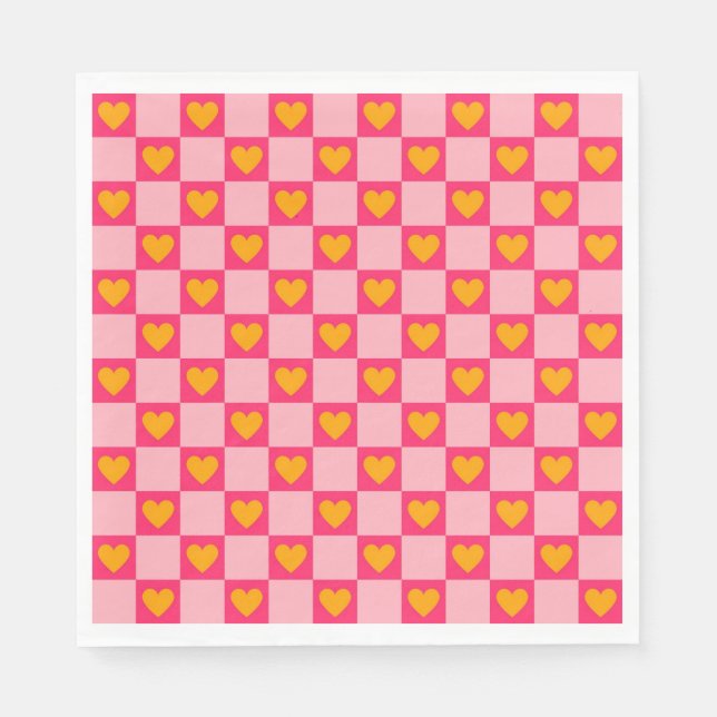 Pink Red Yellow Heart Love Checkered Y2K Pattern Napkins (Front)