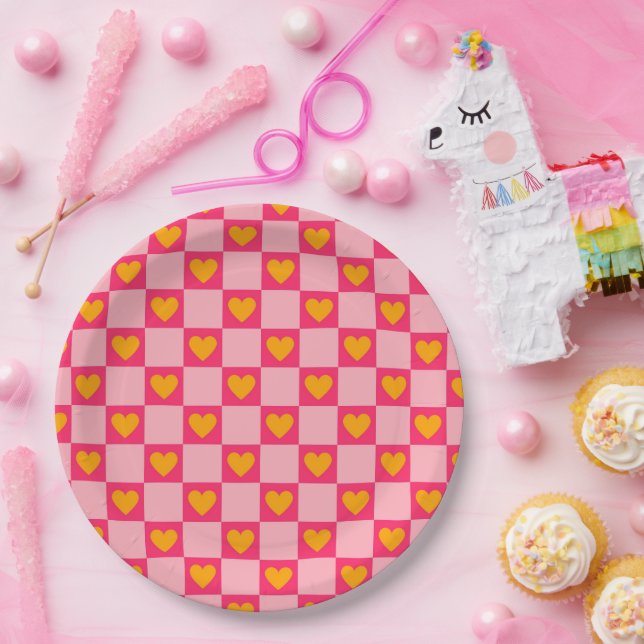Pink Red Yellow Heart Love Checkered Y2K Pattern Paper Plates (Party)