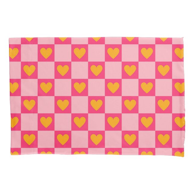 Pink Red Yellow Heart Love Checkered Y2K Pattern Pillow Case (Front)
