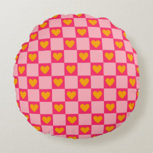 Pink Red Yellow Heart Love Checkered Y2K Pattern Round Pillow