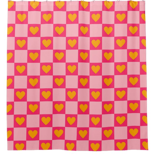Pink Red Yellow Heart Love Checkered Y2K Pattern Shower Curtain (Front)