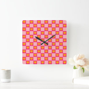 Pink Red Yellow Heart Love Checkered Y2K Pattern Square Wall Clock